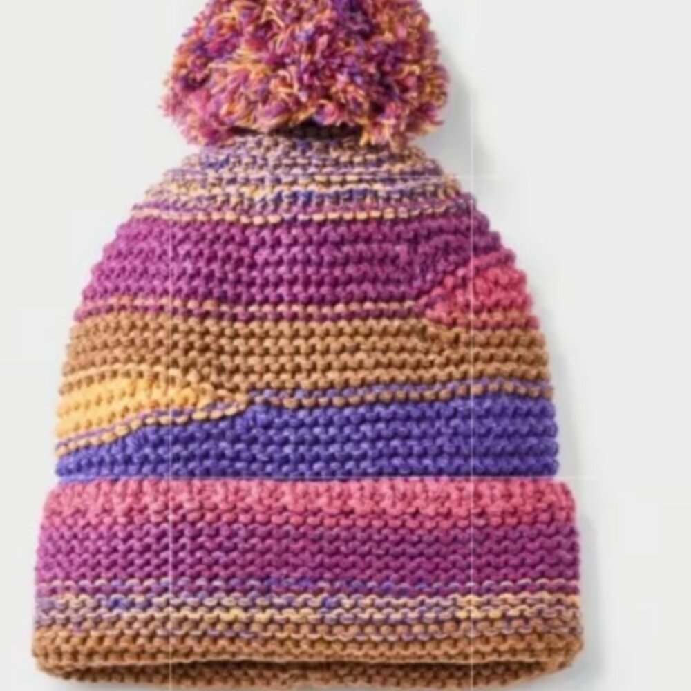 Colorful Striped Knit Crochet Pom Pom Beanie Hat